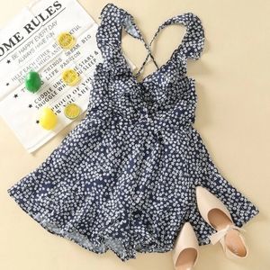 Ditsy floral print ruffle trim romper